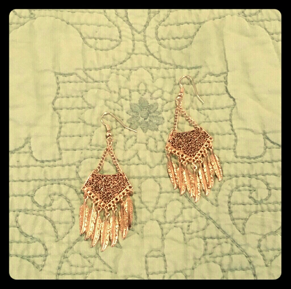 Gold Feather Drop Earrings